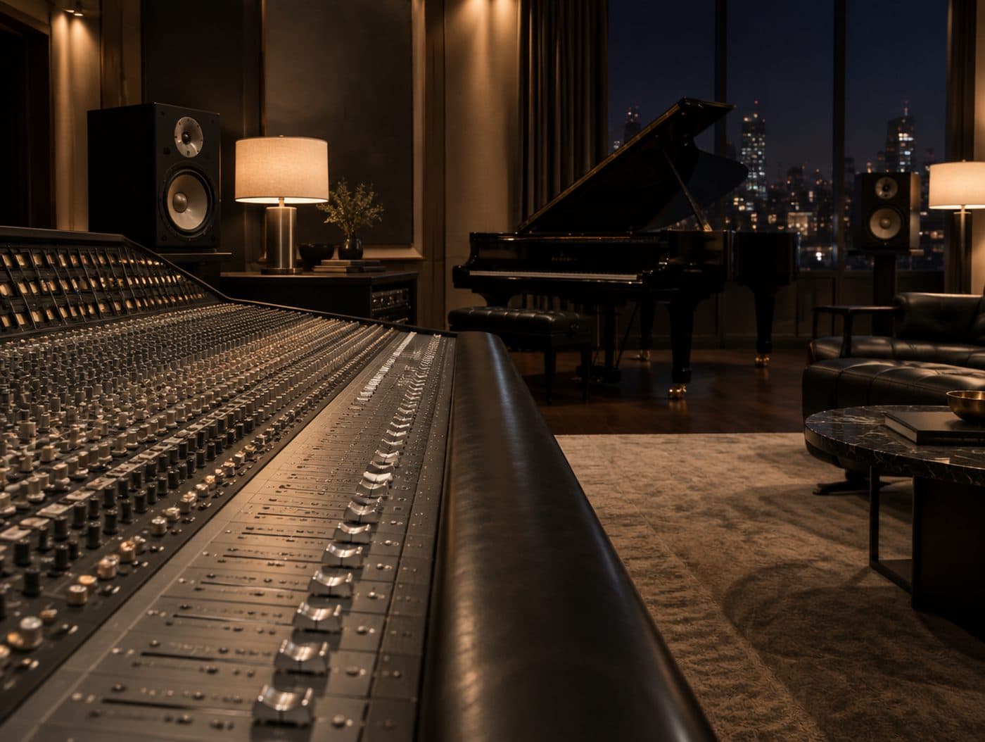 Studio – mixing console and grand piano